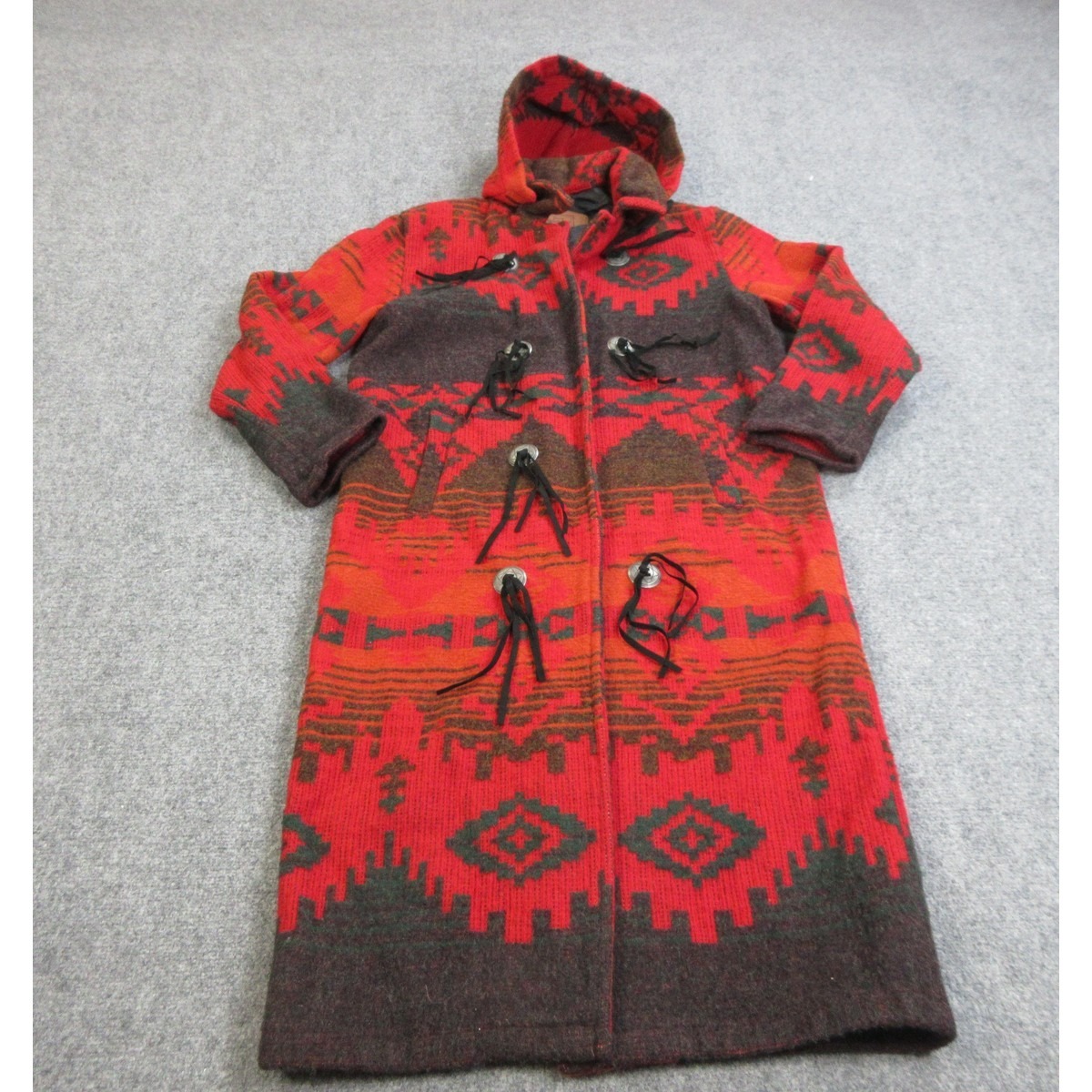 Vintage Woolrich Coat Womens Medium Red Brown Hooded Duffle Southwestern Wool